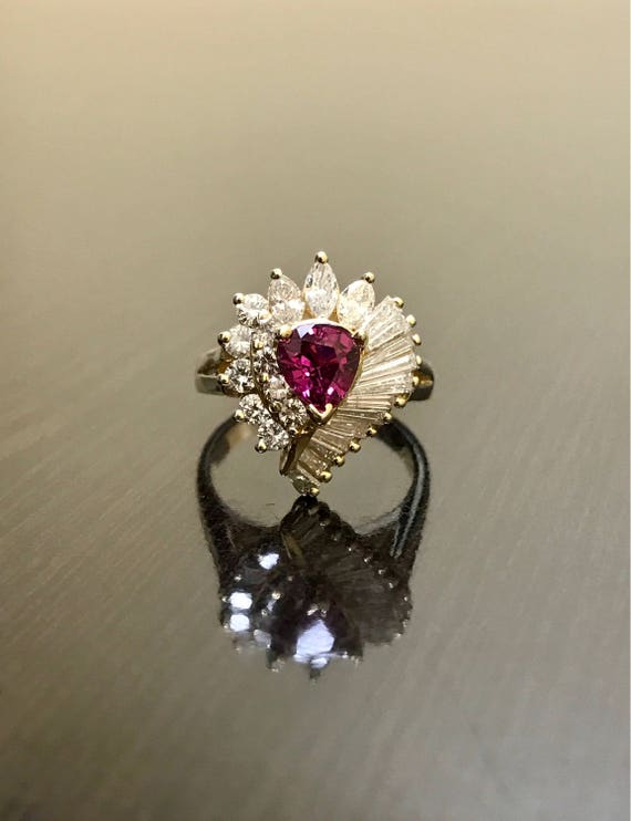 Art Deco Ruby Engagement Ring - 14K Yellow Gold Di