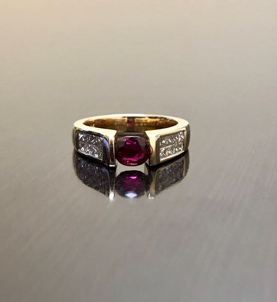18K Yellow Gold Diamond Ruby Engagement Ring - 18K Gold Ruby Princess Cut Diamond Wedding Ring - 18K Gold Ruby Diamond Ring - Gold Ruby Ring