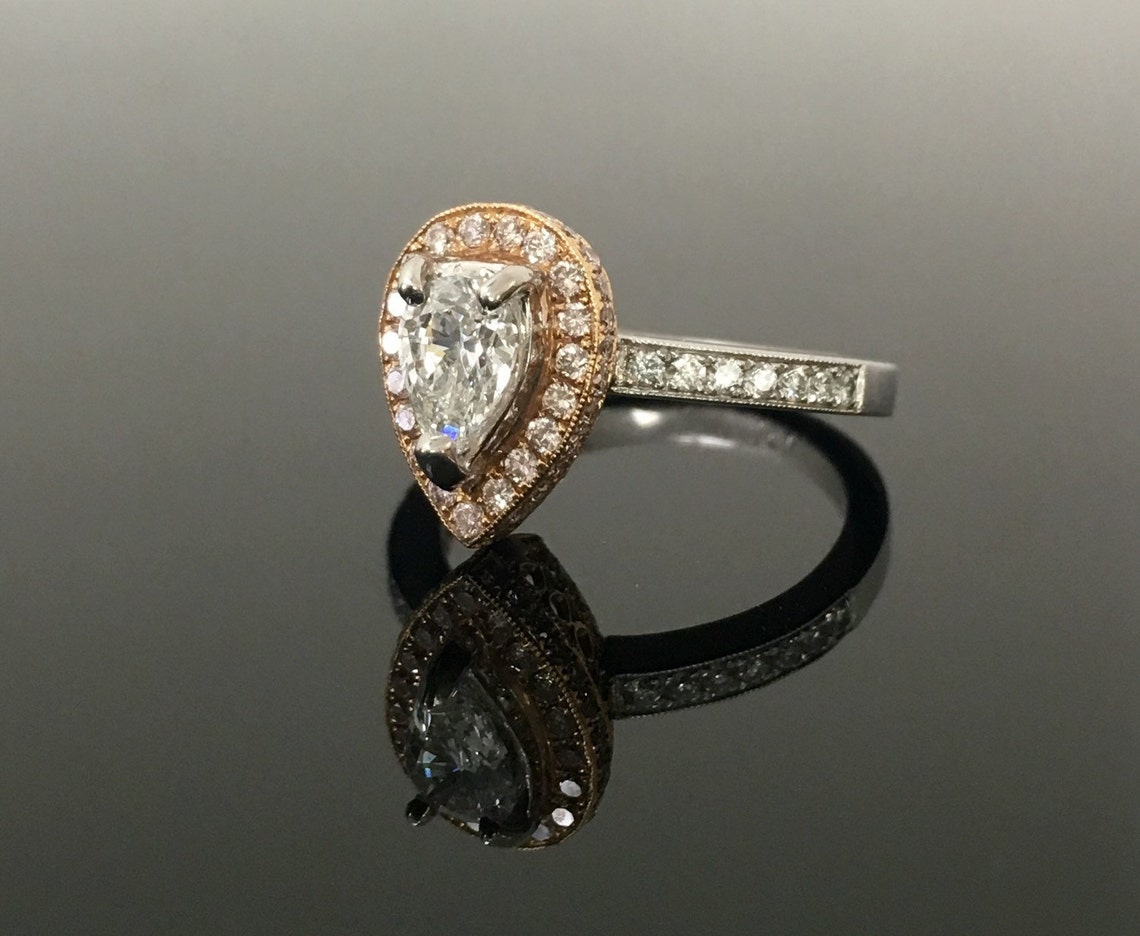 Art Deco Platinum Rose Gold Pear Shape Diamond Engagement Ring | Etsy