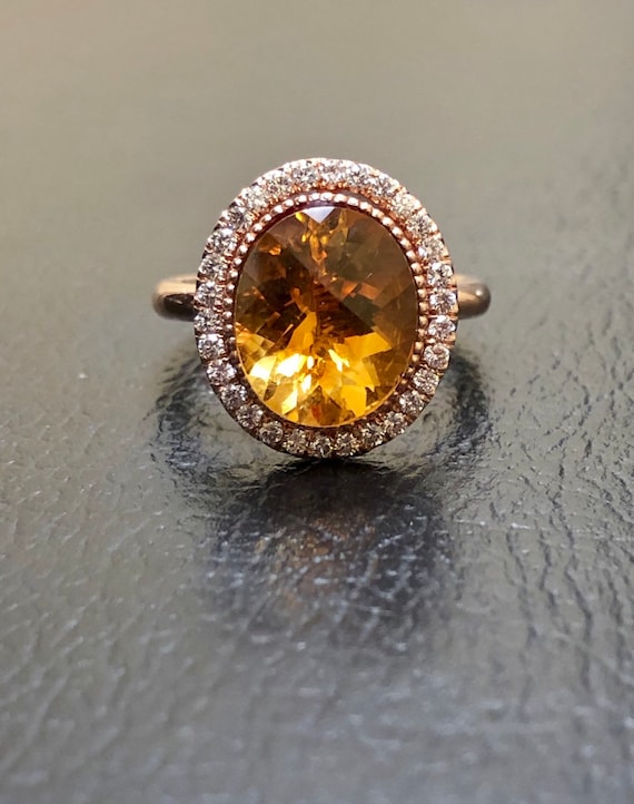 14K Rose Gold Art Deco Halo Diamond Citrine Engagement Ring Halo