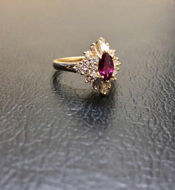 18K Yellow Gold Diamond Ruby Engagement Ring - 14… - image 2