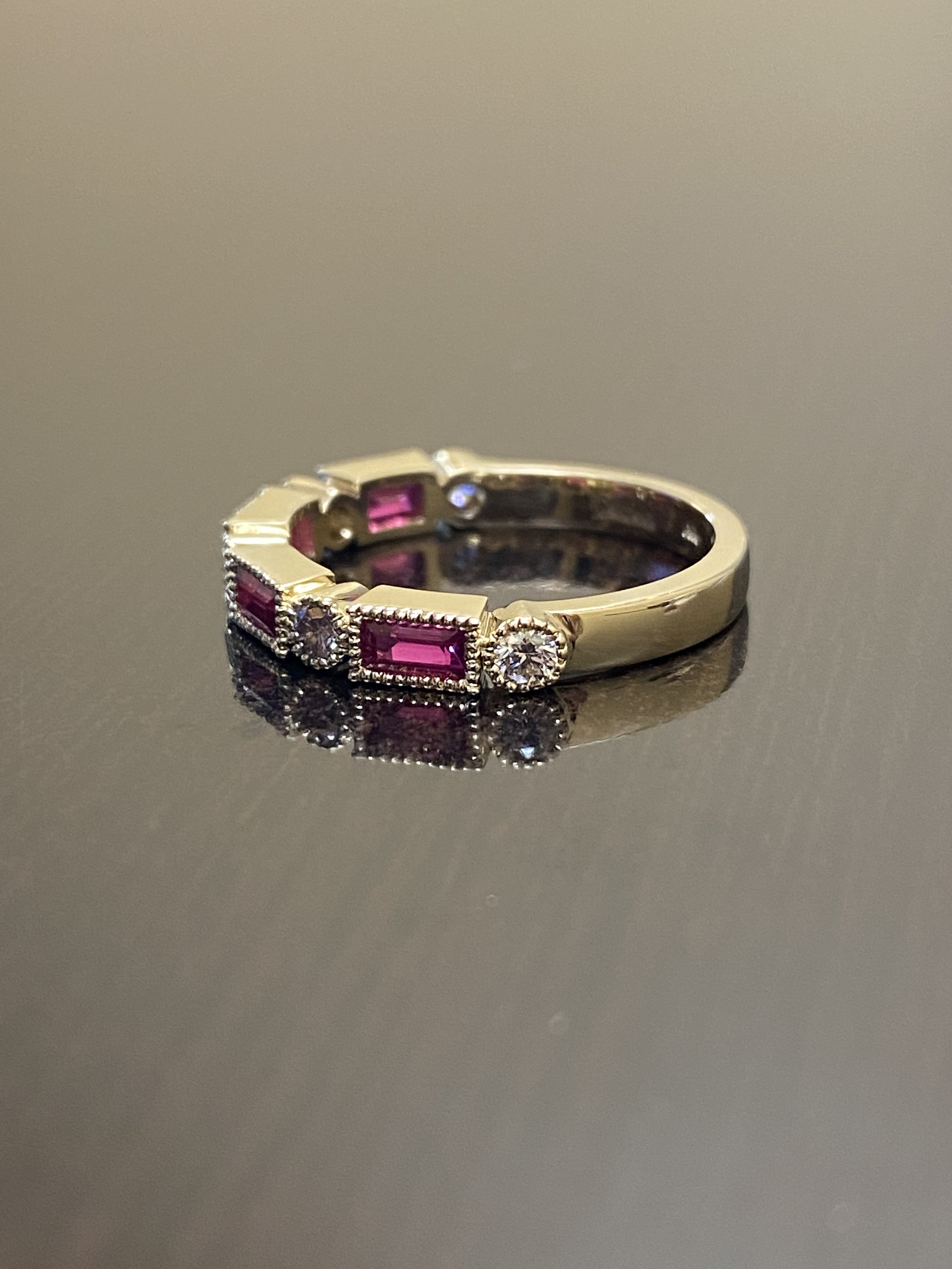 18K Yellow Gold Half Eternity Diamond Baguette Ruby Engagement Band ...