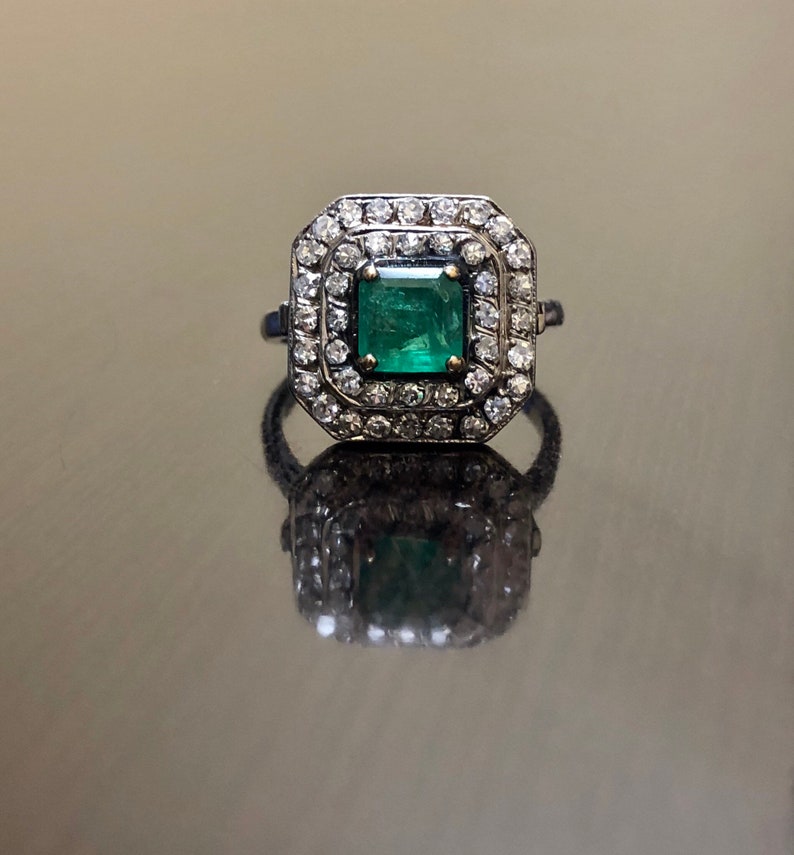 Art Deco Diamond Emerald Engagement Ring , 14K Gold Diamond Art Deco Emerald Wedding Ring , Halo Diamond Emerald Ring , Emerald Diamond Ring