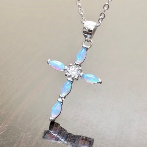 14K White Gold Marquise Opal Diamond Cross Necklace - 14K Gold Diamond Cross Opal Necklace - Art Deco Gold Opal Cross Diamond Necklace