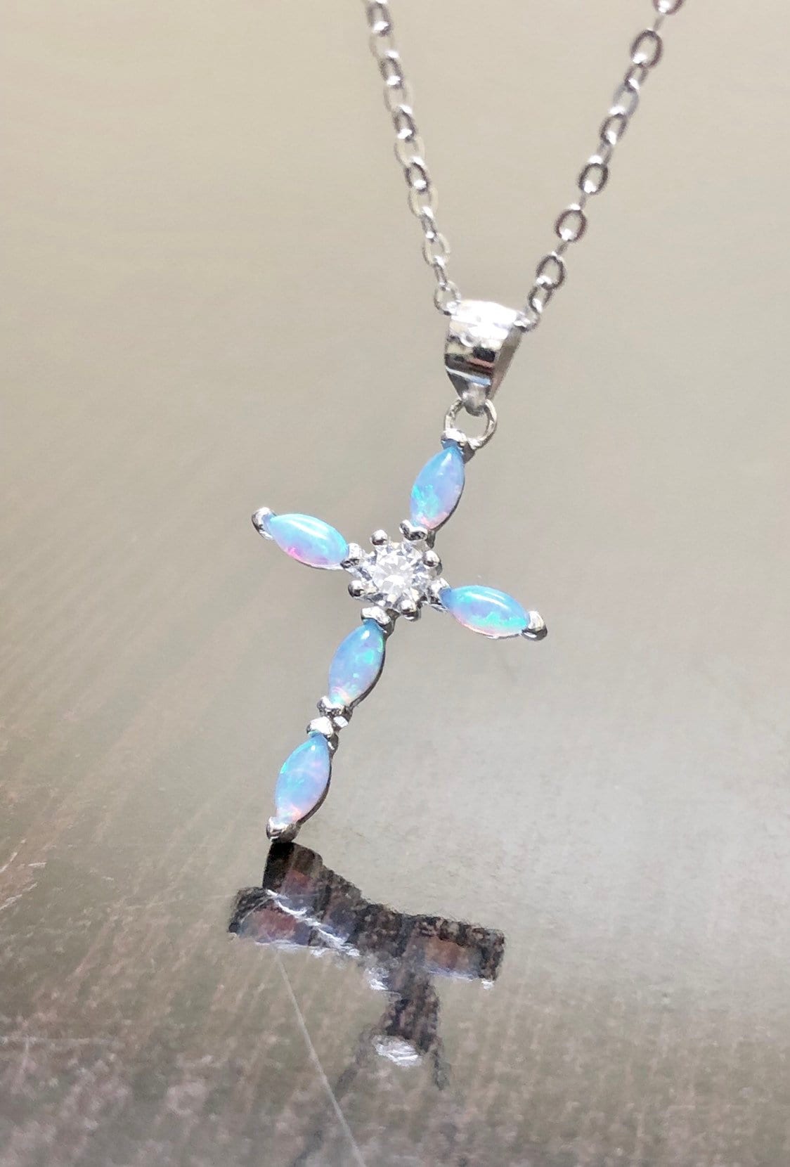 14K White Gold Marquise Opal Diamond Cross Necklace 14K Gold