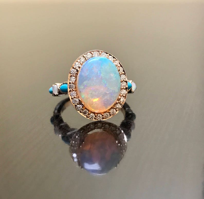 18K Rose Gold Diamond Turquoise Halo Opal Engagement Ring - Etsy