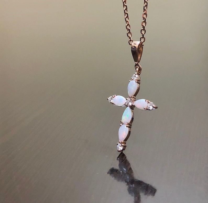 14K Rose Gold Diamond Opal Necklace 14K Rose Gold Opal Cross | Etsy