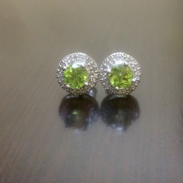 Halo Diamond Peridot Earrings - Sterling Silver Peridot Diamond Earrings - Peridot Stud Earrings - Halo Diamond Studs - Fine Silver Jewelry