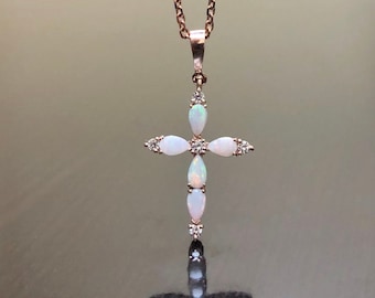 14K Rose Gold Diamond Opal Necklace - 14K Rose Gold Opal Cross Necklace - Rose Gold Opal Diamond Necklace - 14K Rose Gold Cross Necklace