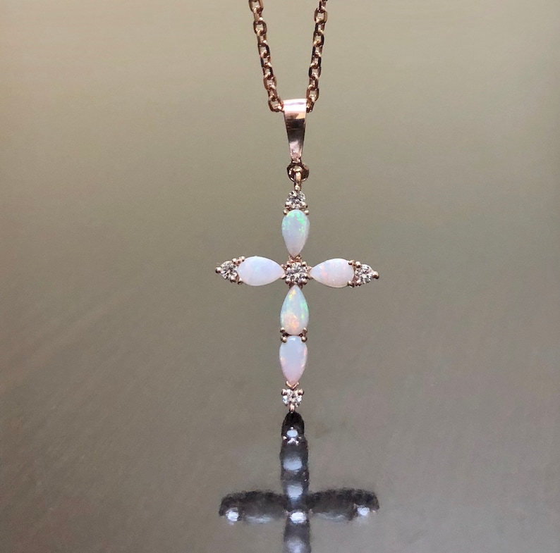 14K Rose Gold Diamond Opal Necklace 14K Rose Gold Opal Cross | Etsy