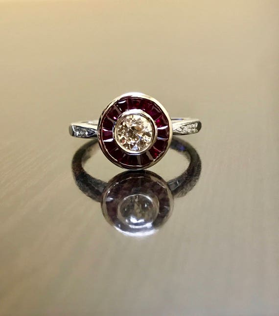 Vintage Style Handmade Platinum Art Deco Old European Diamond French Cut Ruby Target Ring - Halo Ruby Diamond Engagement Ring