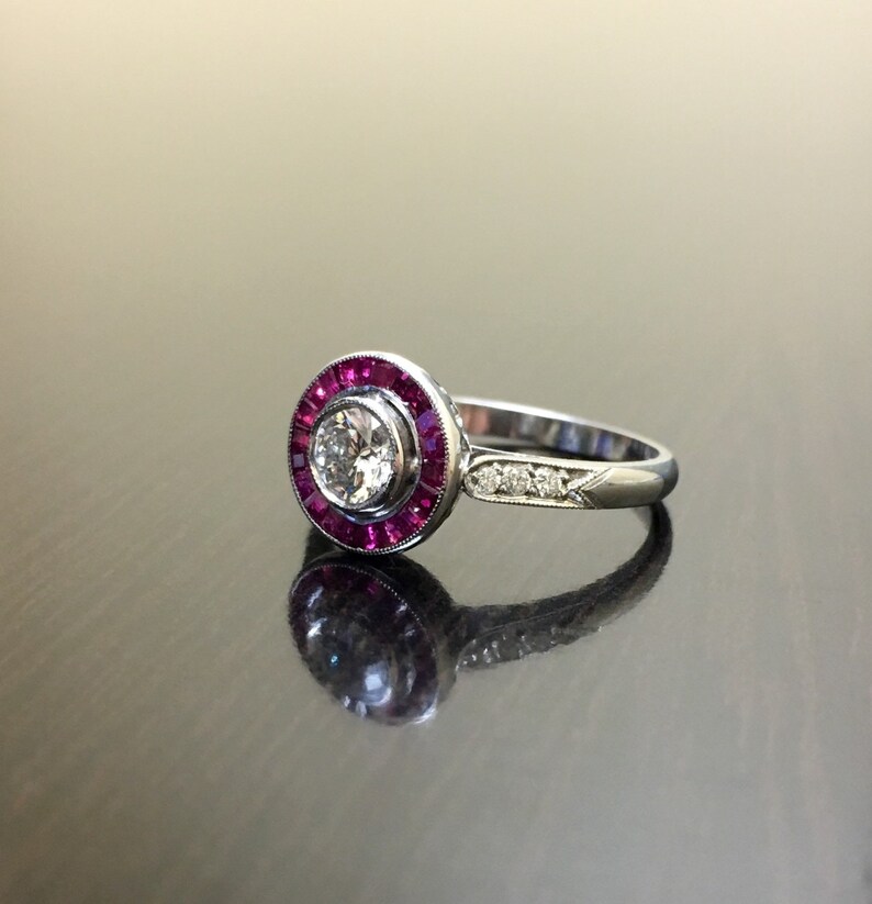 Art Deco Platinum Halo Ruby Diamond Engagement Ring Platinum - Etsy