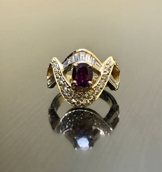 Art Deco Ruby Engagement Ring - 14K Yellow Gold Ruby Diamond Wedding Ring - Diamond Ruby Ring - Ruby Diamond Ring - Art Deco Gold Ruby Ring View 2