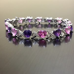 Sterling Silver Pink Topaz Heart Amethyst Bracelet - Amethyst Topaz Bracelet - Amethyst Heart Pink Topaz Bracelet - Heart Bracelet bild 1