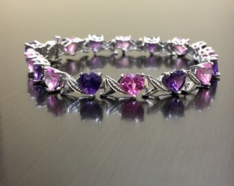 Sterling Silver Pink Topaz Heart Amethyst Bracelet - Amethyst Topaz Bracelet - Amethyst Heart Pink Topaz Bracelet - Heart Bracelet