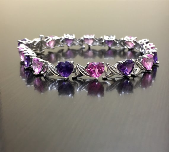 Sterling Silver Pink Topaz Heart Amethyst Bracelet - Amethyst Topaz Bracelet - Amethyst Heart Pink Topaz Bracelet - Heart Bracelet
