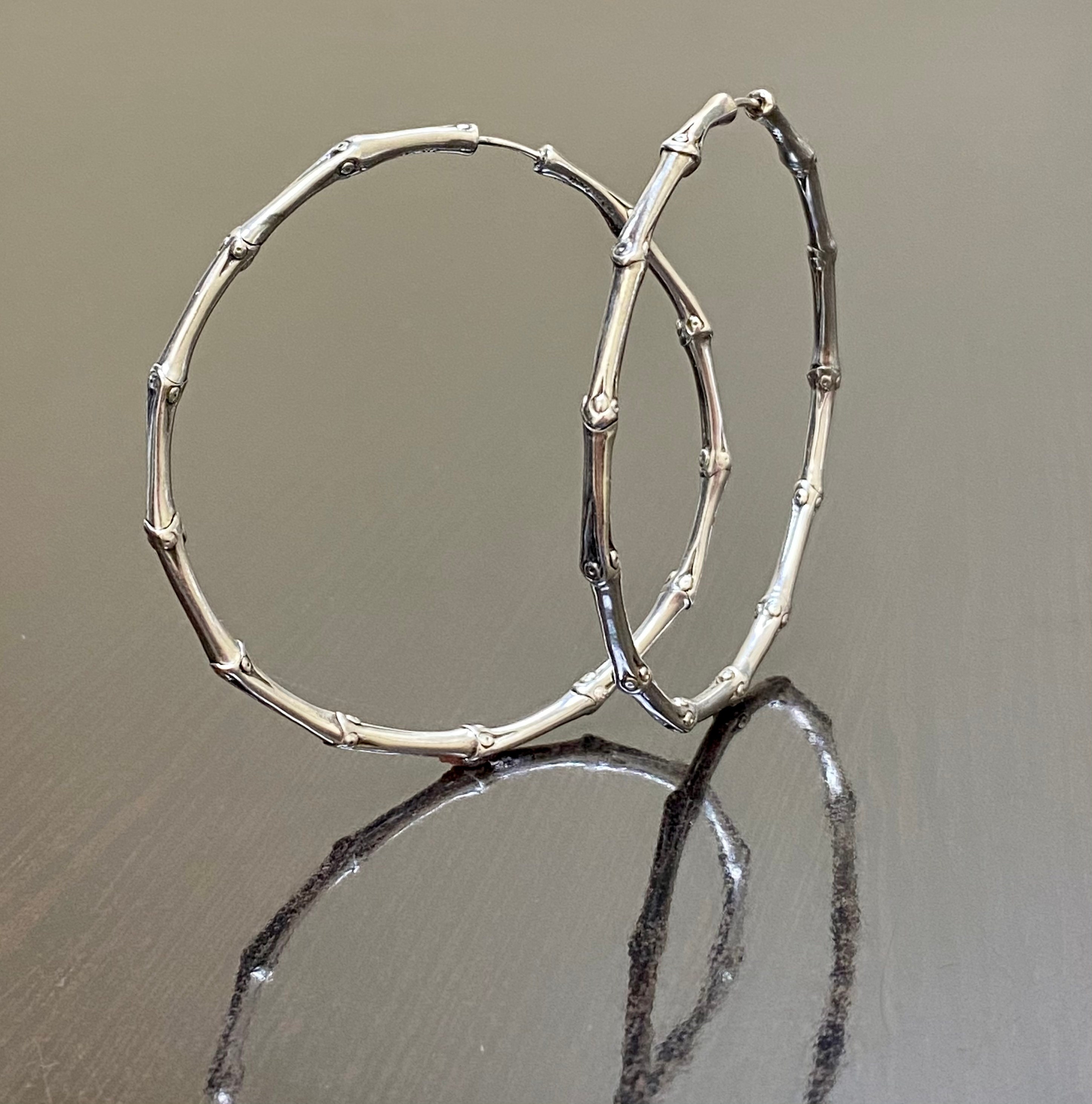 アクセサリー Sterling Silver Bamboo Pierced Earrings Solid 925 Sterling Silver Bamboo Shrimp HOOP Earrings 25 Mm
