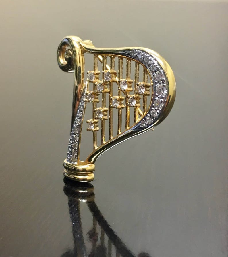 14K Yellow Gold Harp Diamond Brooch 14K Gold Diamond Harp - Etsy