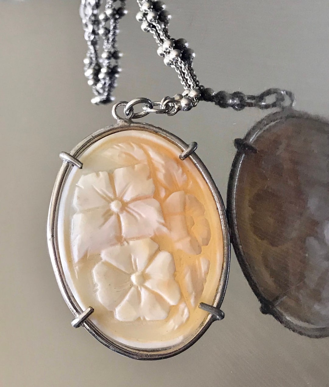 Sterling Silver Art Deco Cameo Necklace - Hand Carved Genuine Shell ...