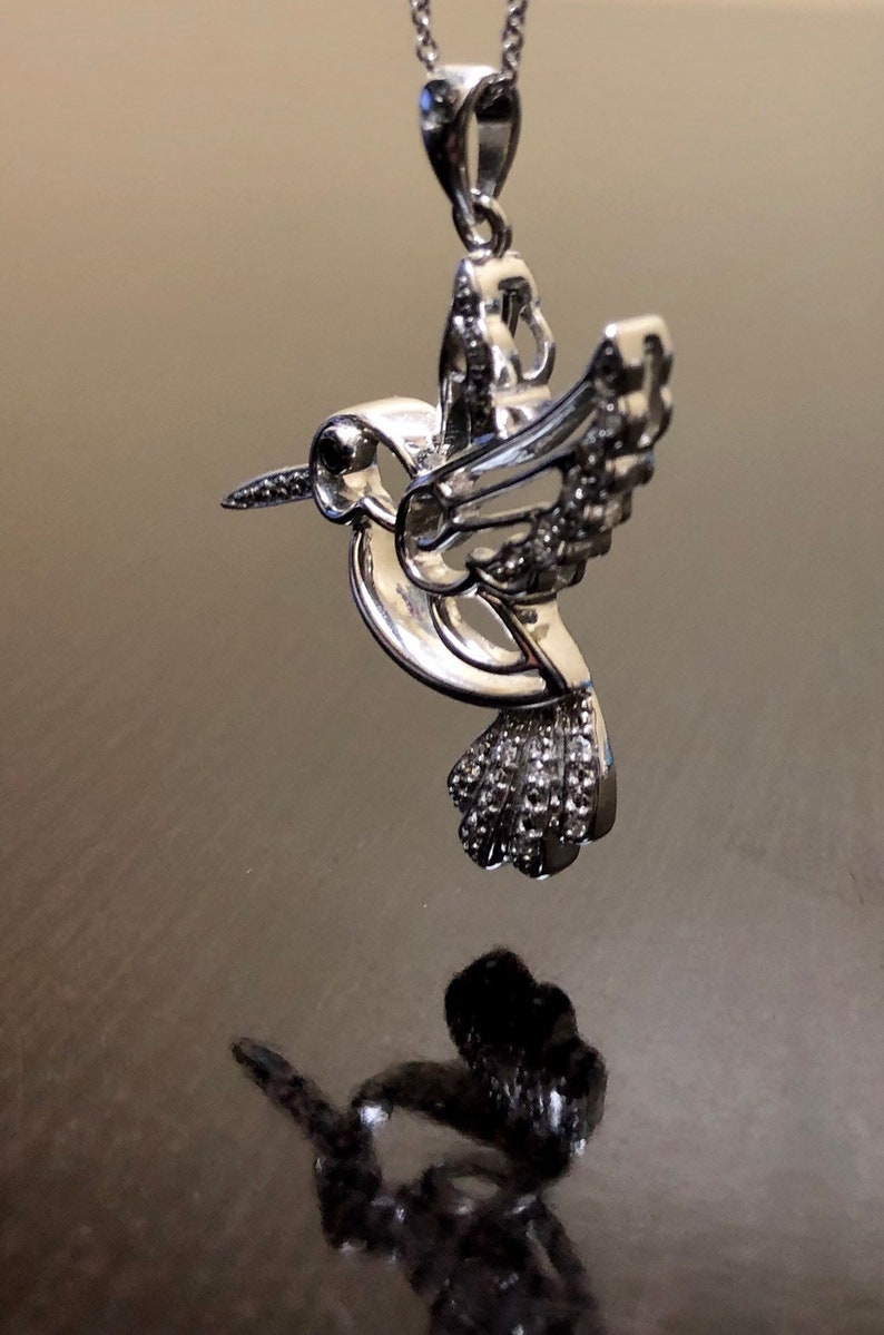 Silver Diamond Hummingbird Necklace Handmade Sterling Silver Hummingbird Diamond Necklace Black Diamond Silver Hummingbird Pendant