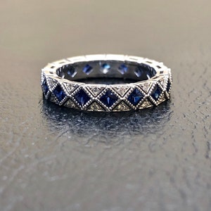 Vintage Inspired Art Deco Handmade Platinum Eternity Diamond Princess Cut Ceylon Blue Sapphire Engagement Band