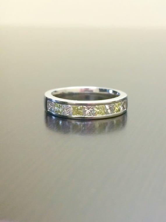 Platinum Yellow Diamond Engagement Band - Princess Cut Diamond Wedding Band - Channel Set Diamond Platinum Band - Yellow Diamond Ring