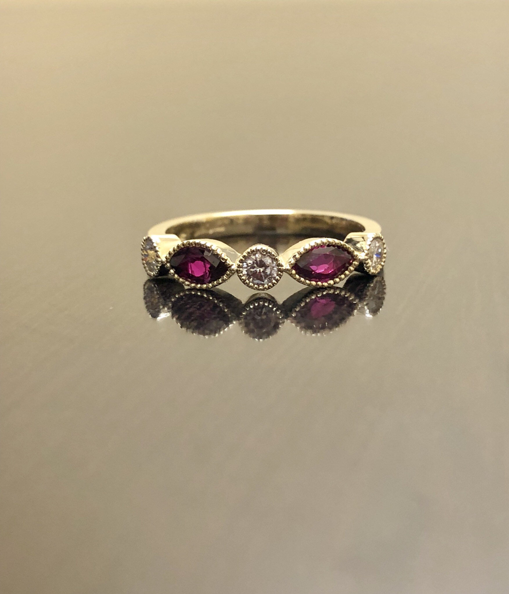 14K Yellow Gold Art Deco Diamond Marquise Ruby Wedding Band - Art Deco ...