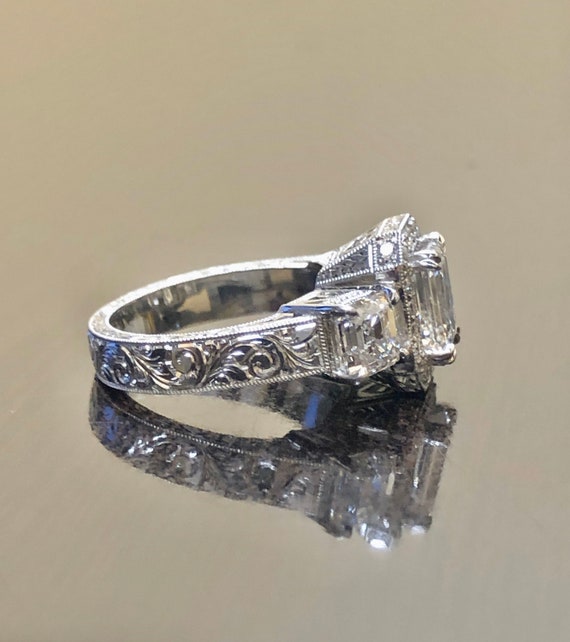 Hand Engraved Art Deco Platinum Three Stone Asscher Cut Diamond