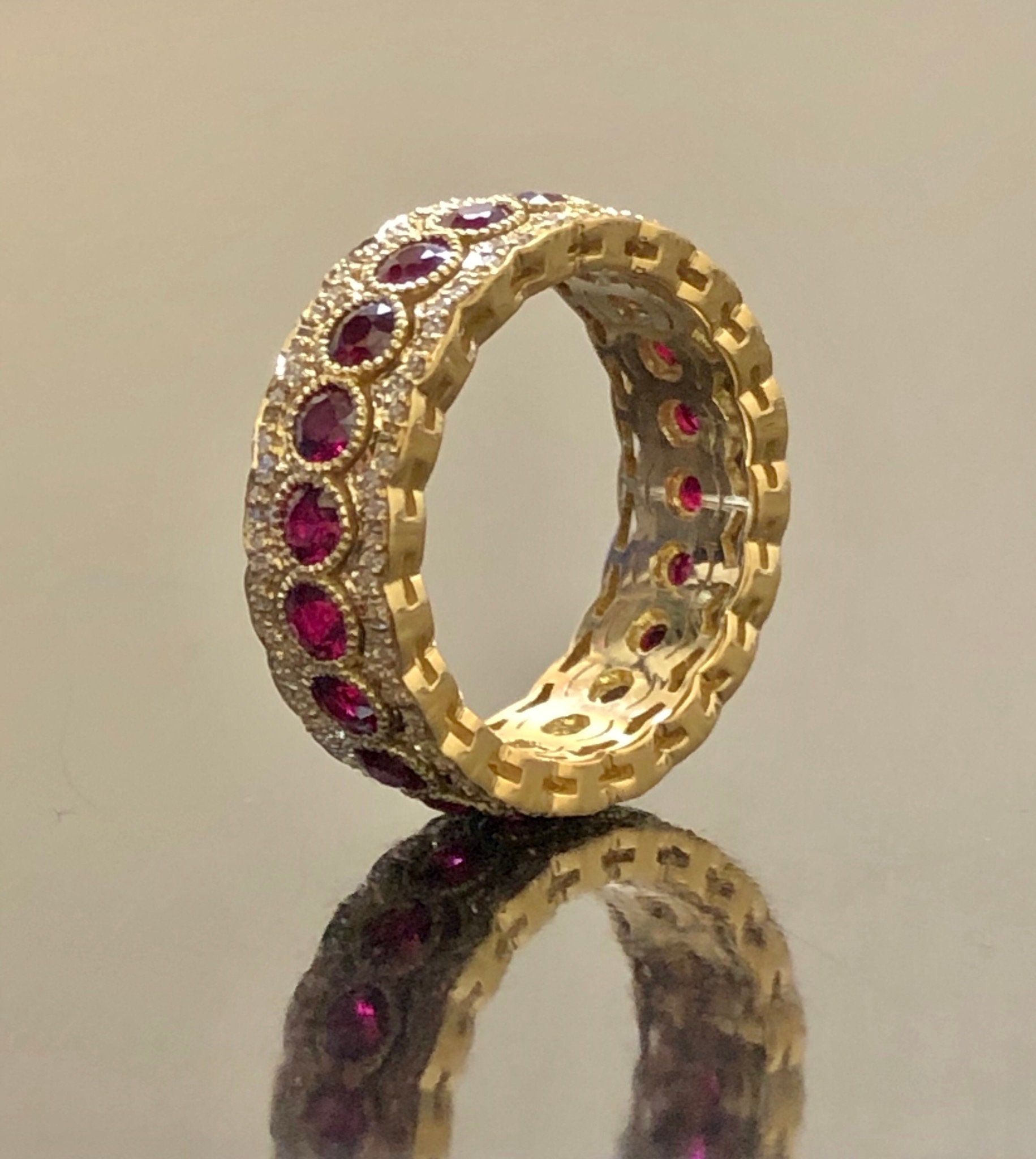 18K Yellow Gold Art Deco Eternity Diamond Ruby Engagement Band ...