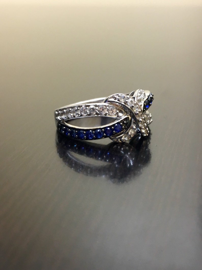 Banda de compromiso de zafiro Art Déco - azul zafiro art deco blanco zafiro alianza de boda - banda de zafiro azul - banda de zafiro blanco imagen 2