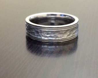 14K White Gold Men's Wedding Band - Men's 14K Gold Engagement Band - Men's Wedding Ring - Men's White Gold Ring - Hammered Gold Men's Ring