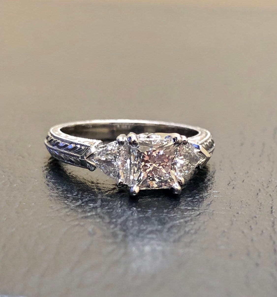 Handmade Art Deco Hand Engraved Platinum Three Stone Princess Cut