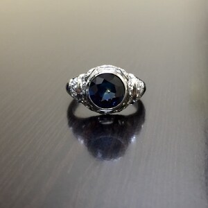 14K White Gold Art Deco Sapphire Diamond Engagement Ring - Art Deco 14K Gold Sapphire Diamond Wedding Ring - 14K Diamond Blue Sapphire Ring