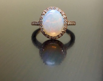 14K Rose Gold Diamond Opal Engagement Ring - Art Deco Rose Gold Opal Halo Diamond Wedding Ring - Rose Gold Diamond Ring - Art Deco Opal Ring