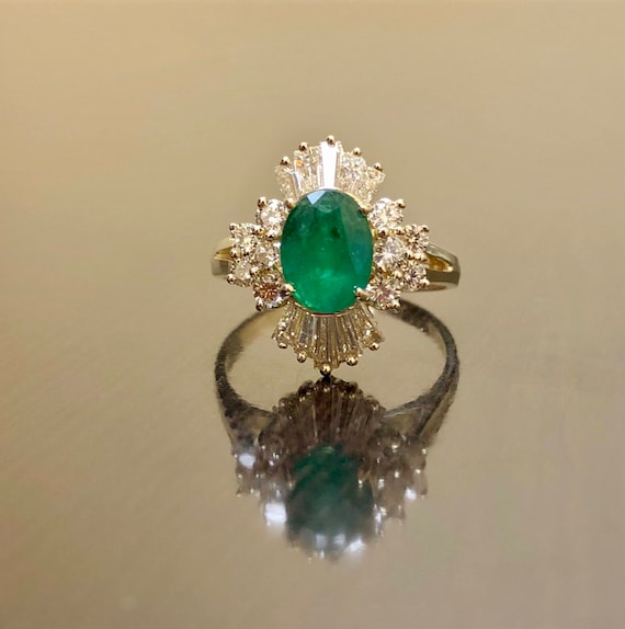 14k Yellow Gold Art Deco Emerald Diamond Engagement Ring 14k Etsy