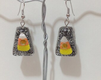 Halloween Candy Corn Floating Trapezoid Resin Earrings