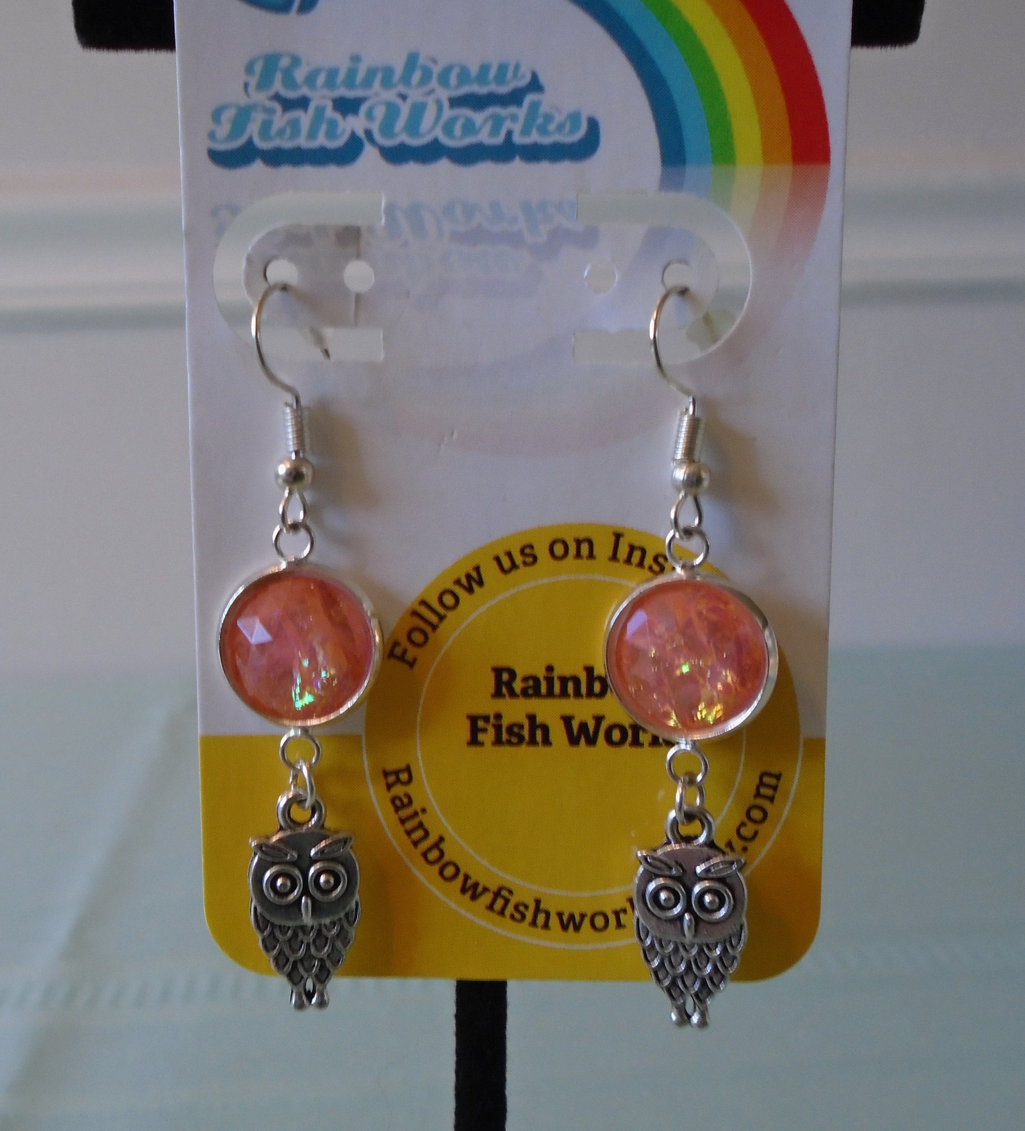 Orange Iridescent Cab with Silver Owl Charm Earrings
