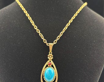 Collar con colgante vintage "Celebrity" de imitación de turquesa en tono dorado - década de 1970