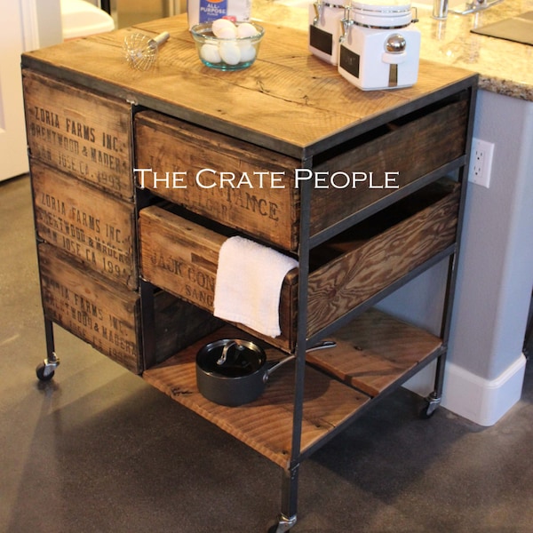 Kitchen Island Cart on Casters | Reclaimed Wood and Vintage Crates on Casters | Customizable Crate Furniture