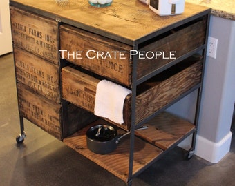 Kitchen Island Cart on Casters | Reclaimed Wood and Vintage Crates on Casters | Customizable Crate Furniture