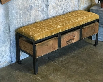 Mudcloth Gold Crate Storage Bench - Custom Made Ottoman