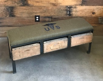 Bench with Storage US ARMY Medic Wool Blanket  - Custom Made Ottoman