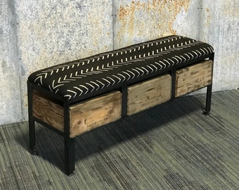 Mudcloth Bench with Vintage Crate Storage - Mali Custom Made Ottoman