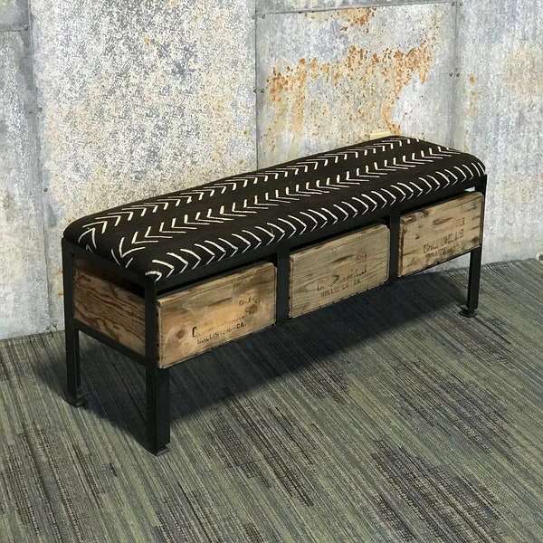 Mudcloth Bench with Vintage Crate Storage - Mali Custom Made Ottoman