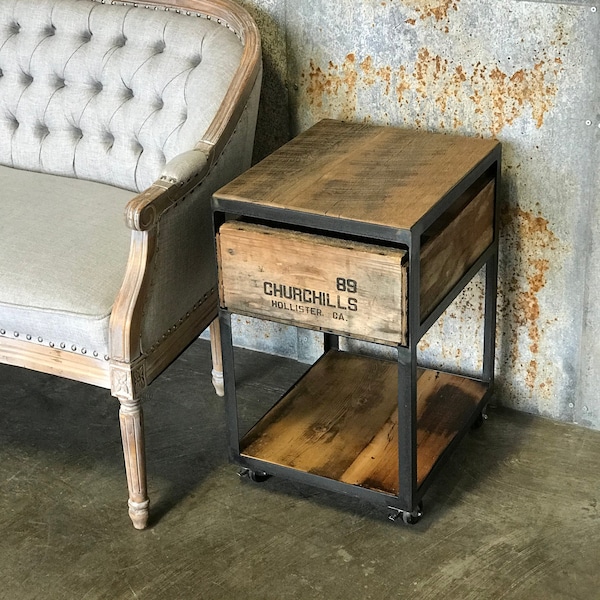 Side Table on Casters Industrial style with shelf on bottom | Vintage Wood Crate Furniture -- Custom Made Furniture