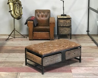 Bench Ottoman Distressed Leather Button Tufted | The Benzi | - Custom Made Furniture