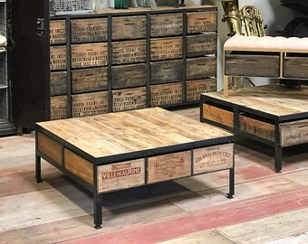 Cocktail Table The 40" Square French WINE Box Coffee Table , Reclaimed Wood Top