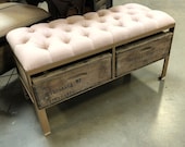 The Rosé Pink Linen Gold Frame Tufted Ottoman Bench - Custom Made Crate Furniture