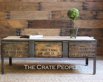 Coffee Table Farmhouse Industrial - Custom Made Vintage Crate furniture -Reclaimed Wood