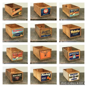 Wood Crates Vintage Pear Boxes with Colorful Advertising Labels